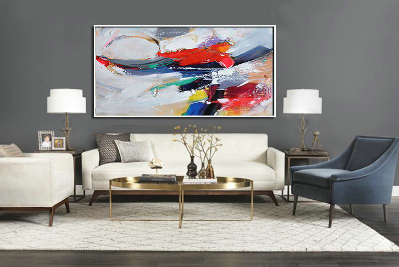 Original Abstract Painting Extra Large Canvas Art,Horizontal Palette Knife Contemporary Art Panoramic Canvas Painting,Canvas Wall Paintings,White,Red,Grey,Dark Blue.etc